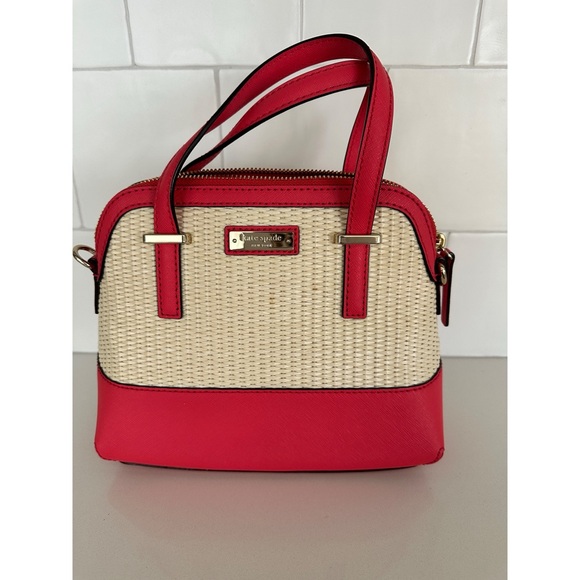 Kate Spade Cedar Street Straw Small Maise shoulder bag red leather beige straw - Picture 2 of 8